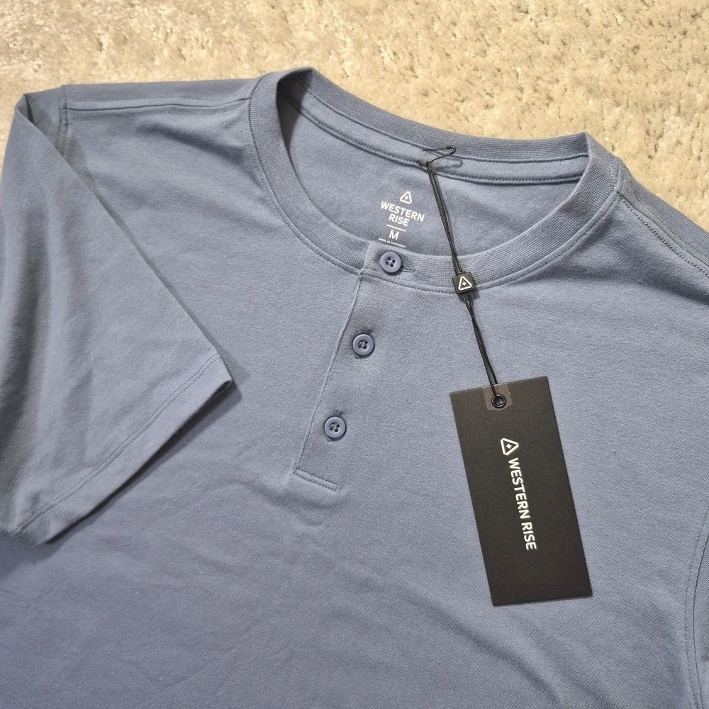 Western Rise X Cotton Henley Mens Medium Blue Stretch Minimalist City Modern New